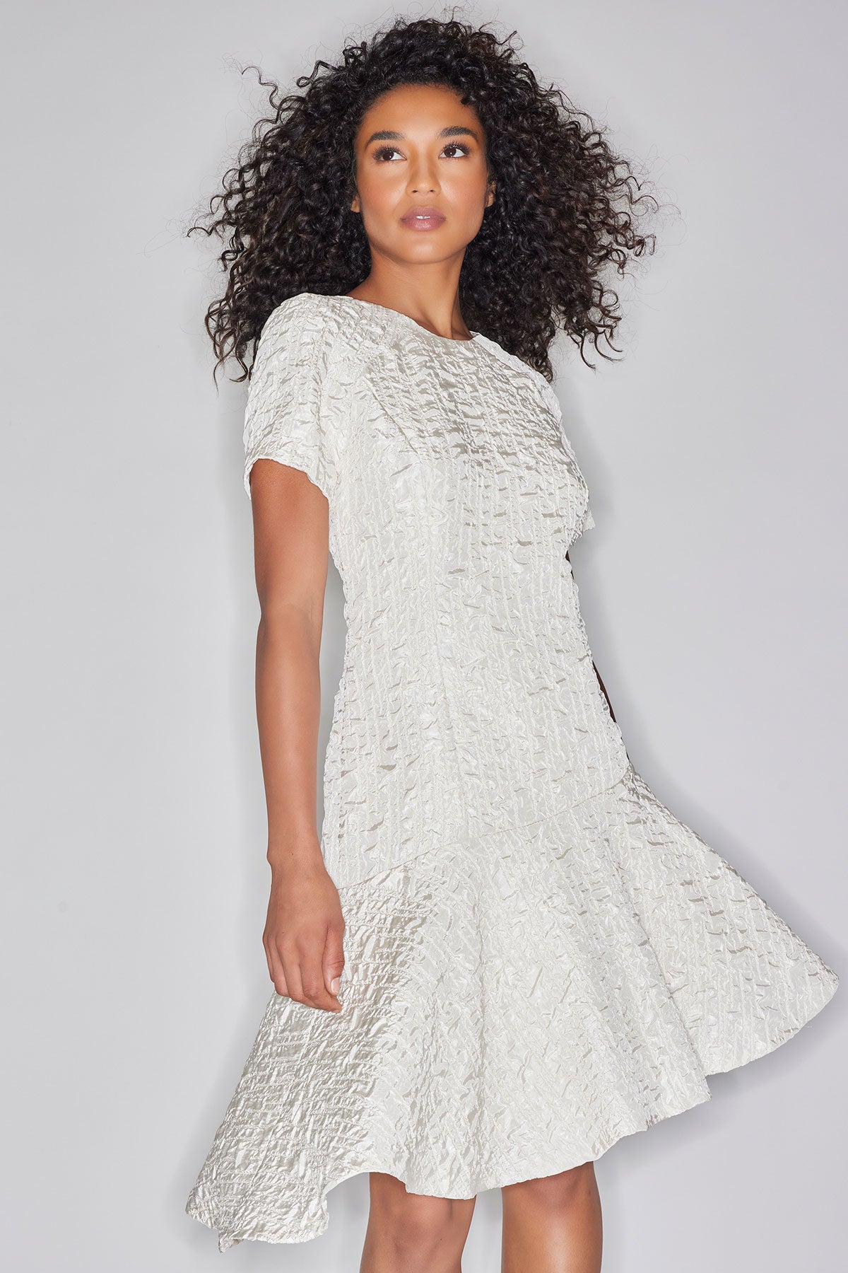 NATORI Pebbled Jacquard Short Sleeve Flounce Dress