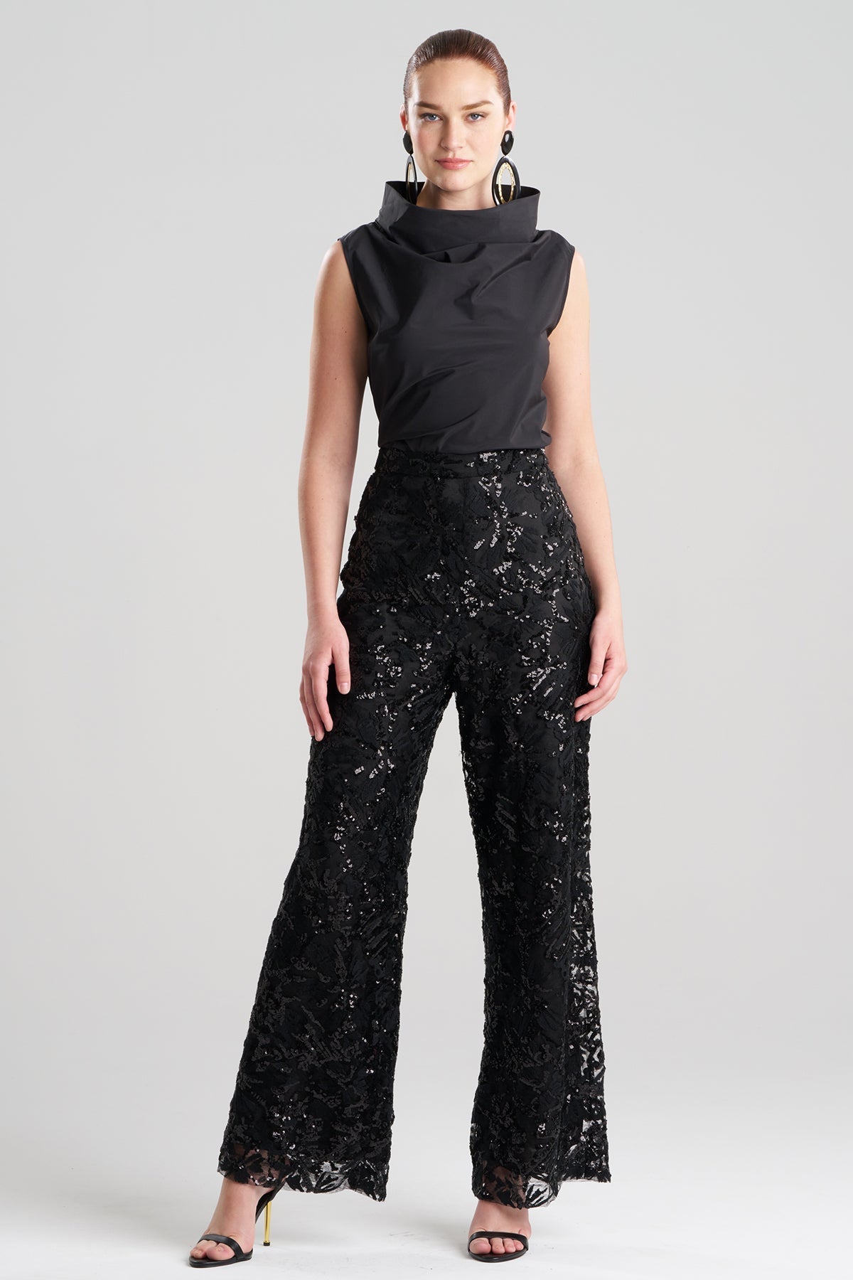 NATORI Floral Sequin Lace Side Zip Straight Leg Pants