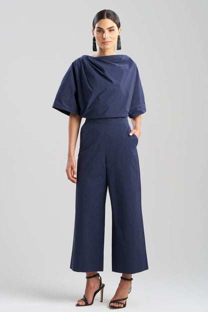 NATORI Tech Cotton Taffeta Pull Over Cropped Pants in Navy Blue
