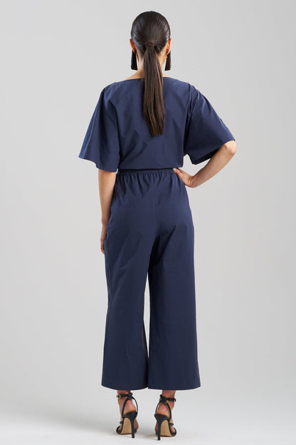 NATORI Tech Cotton Taffeta Pull Over Cropped Pants in Navy Blue