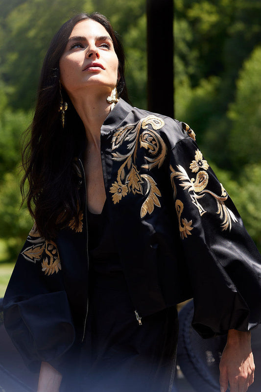 NATORI Buy Duchess Satin Embroidered Crop Bomber Jacket in Black Online