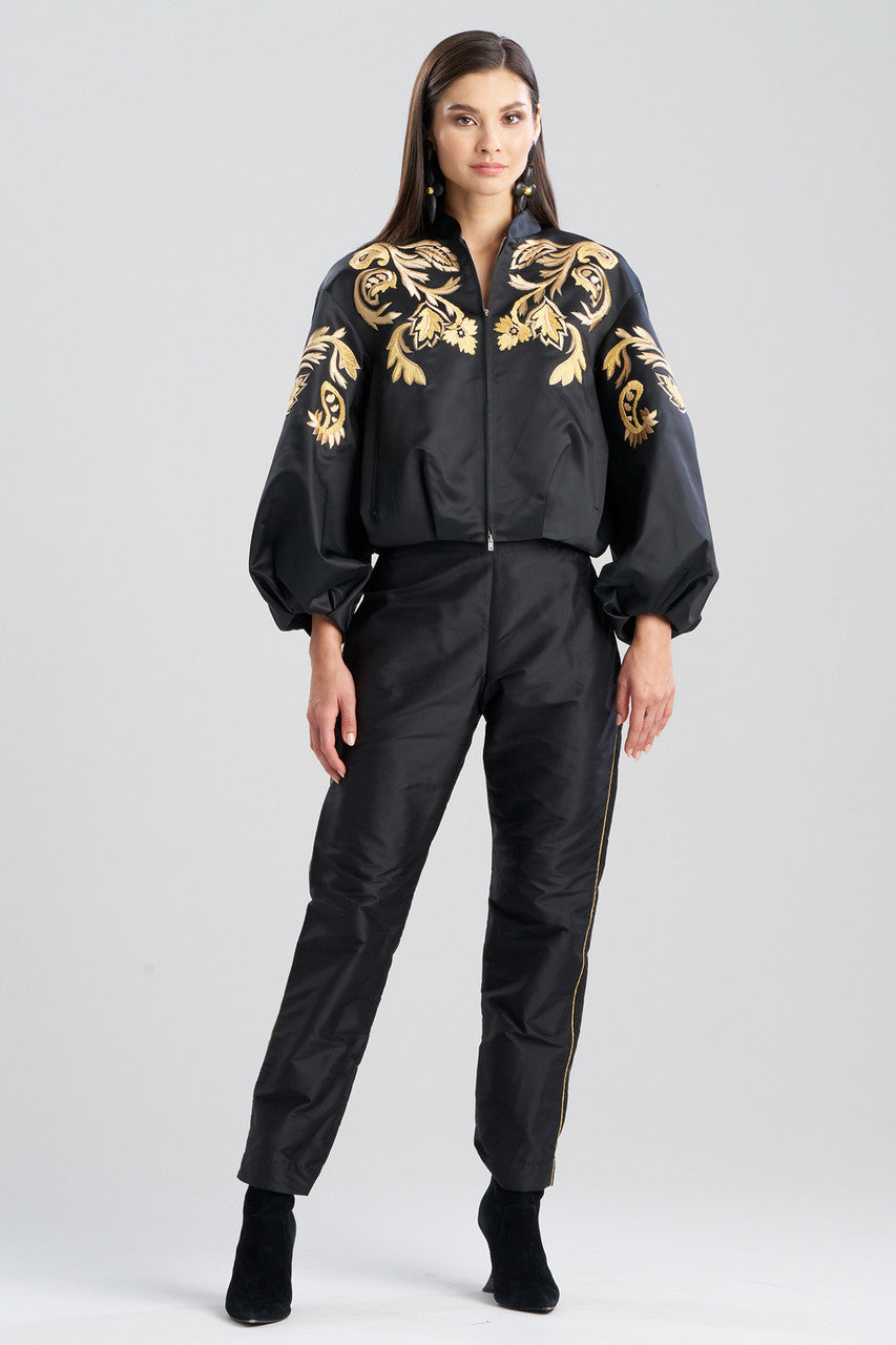 NATORI Buy Duchess Satin Embroidered Crop Bomber Jacket in Black Online