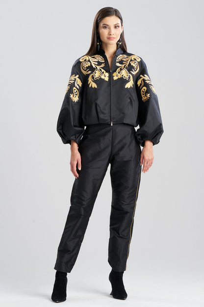 NATORI Buy Duchess Satin Embroidered Crop Bomber Jacket in Black Online