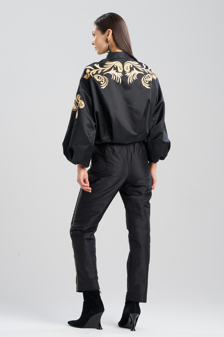 NATORI Buy Duchess Satin Embroidered Crop Bomber Jacket in Black Online