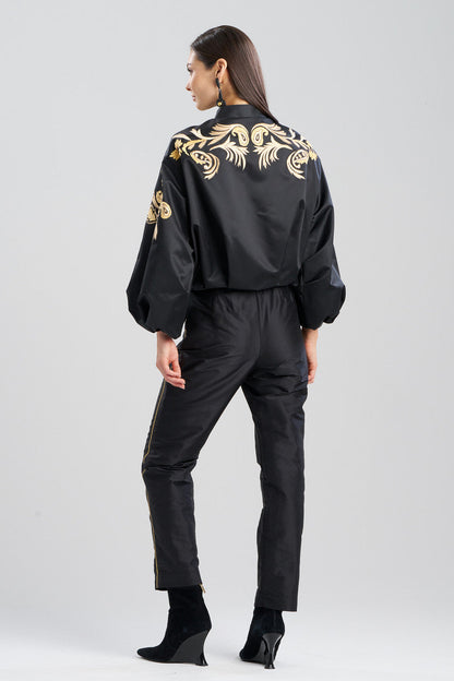 NATORI Buy Duchess Satin Embroidered Crop Bomber Jacket in Black Online
