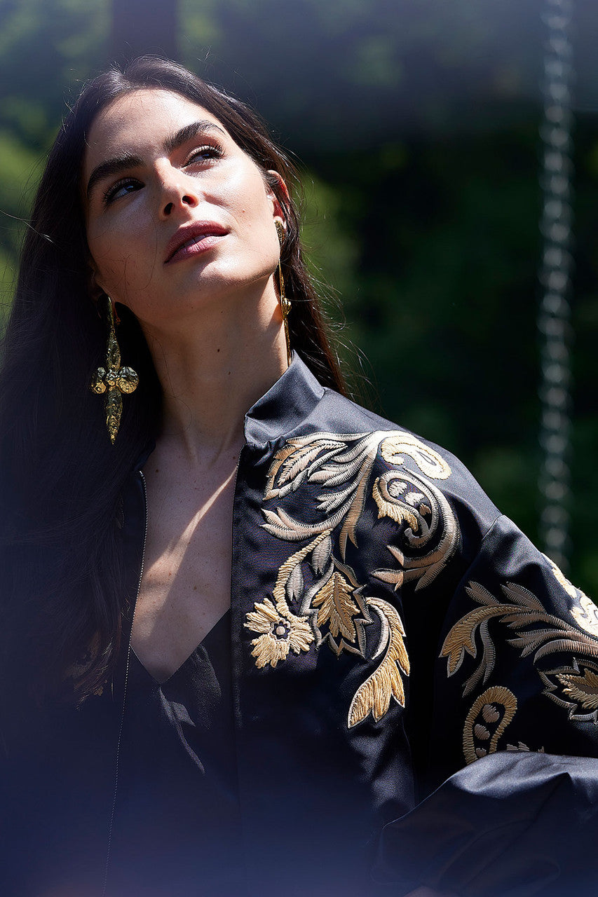 NATORI Buy Duchess Satin Embroidered Crop Bomber Jacket in Black Online