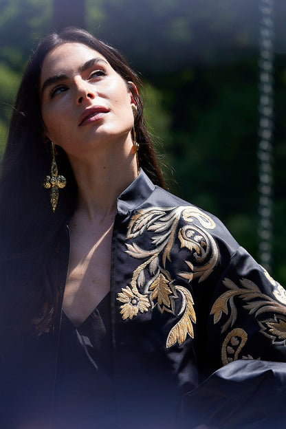 NATORI Buy Duchess Satin Embroidered Crop Bomber Jacket in Black Online
