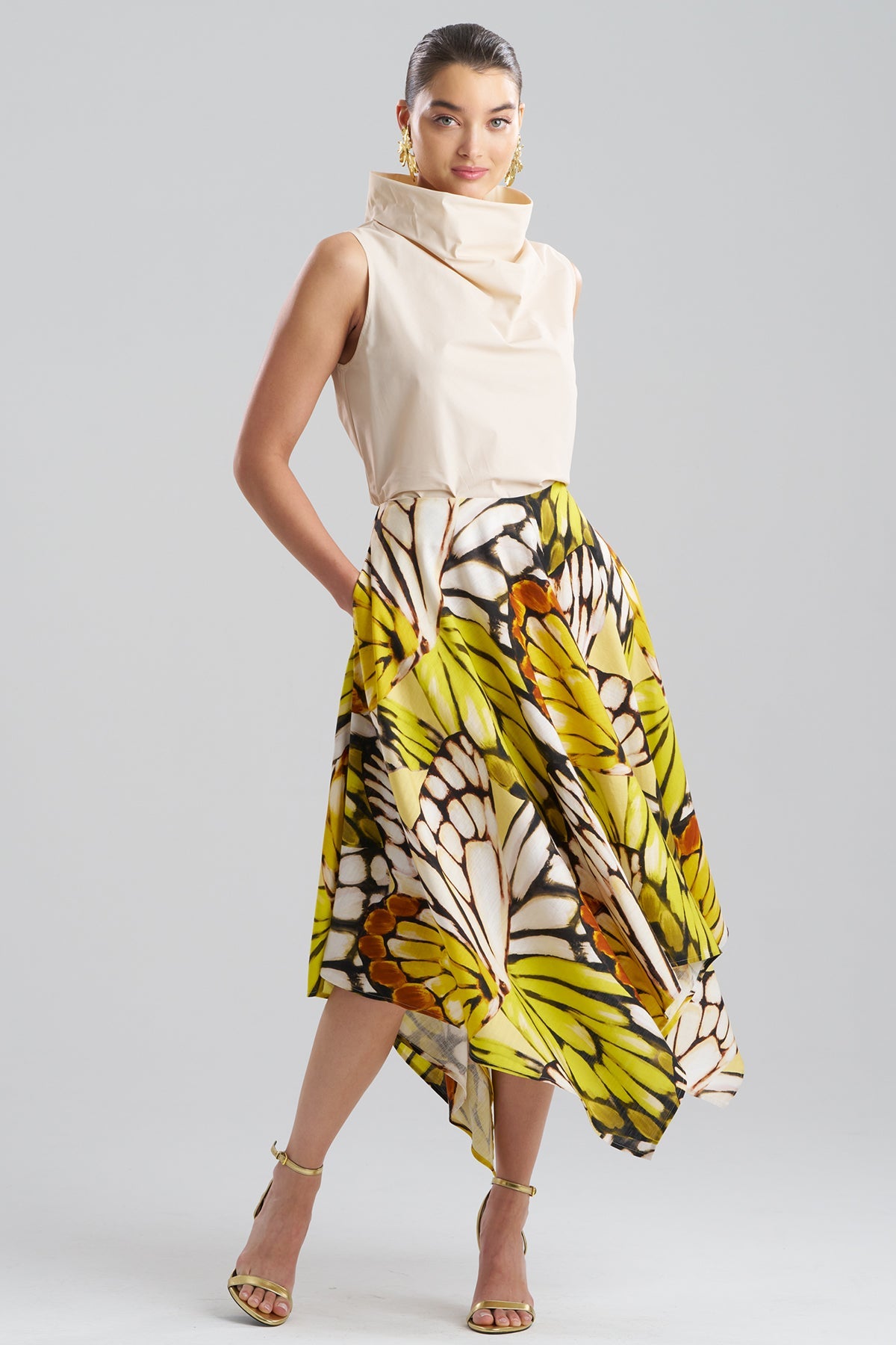NATORI Butterfly Linen Blend Handkerchief Hem Skirt