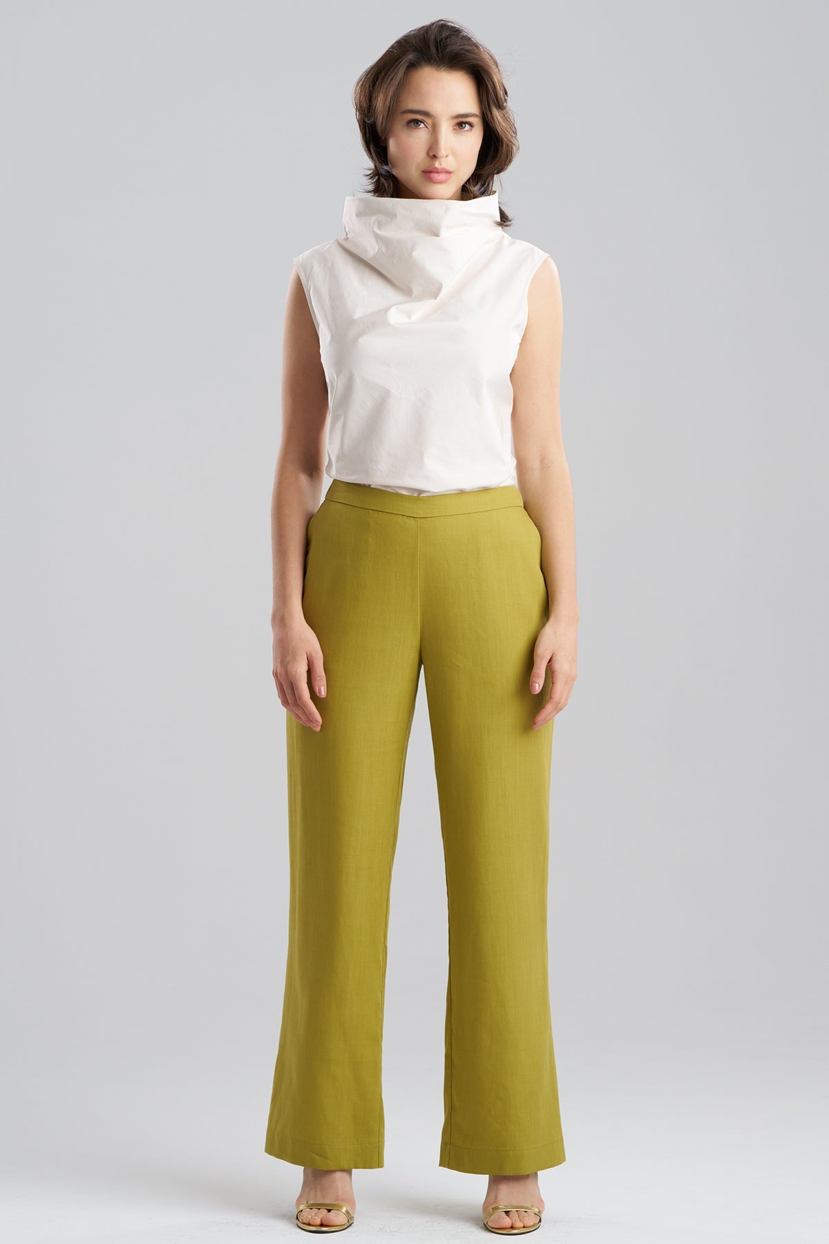 NATORI Solid Linen Pull On Straight Leg Pants