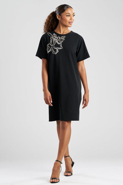 NATORI Solid Knit Crepe Embellished Short Sleeve Shift Dress