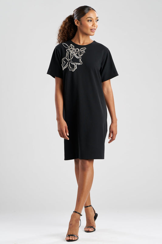 NATORI Solid Knit Crepe Embellished Short Sleeve Shift Dress