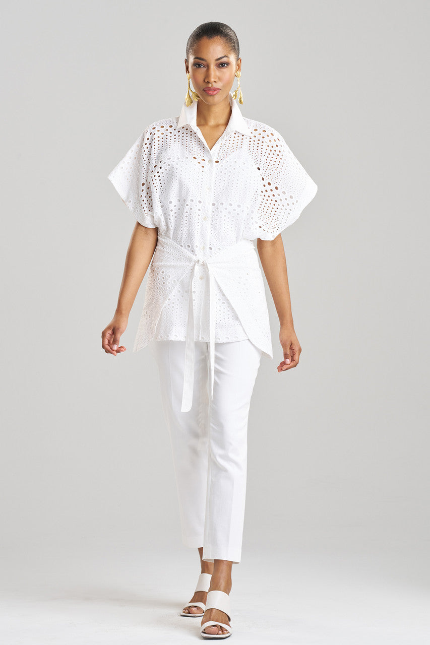 NATORI Buy Round Eyelet Kimono Wrap Shirt in White Online