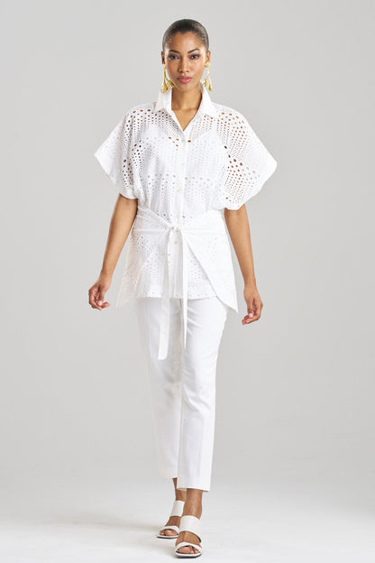 NATORI Buy Round Eyelet Kimono Wrap Shirt in White Online