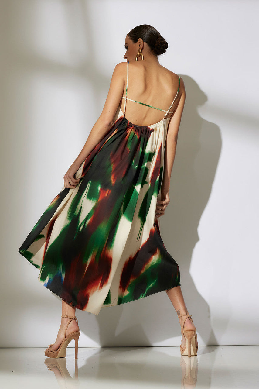 NATORI Buy Amalfi Printed Cotton Poplin Open Back Dress in Neutral Green Online