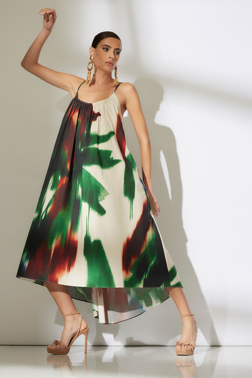 NATORI Buy Amalfi Printed Cotton Poplin Open Back Dress in Neutral Green Online