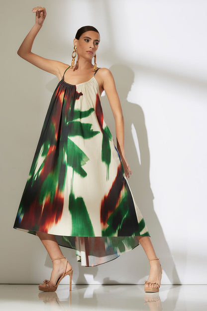 NATORI Buy Amalfi Printed Cotton Poplin Open Back Dress in Neutral Green Online