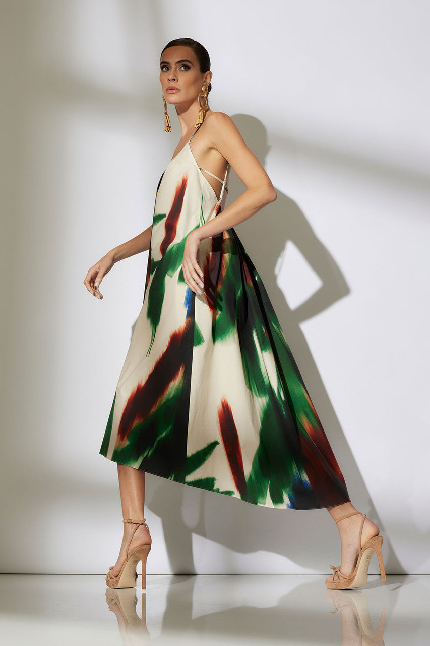 NATORI Buy Amalfi Printed Cotton Poplin Open Back Dress in Neutral Green Online
