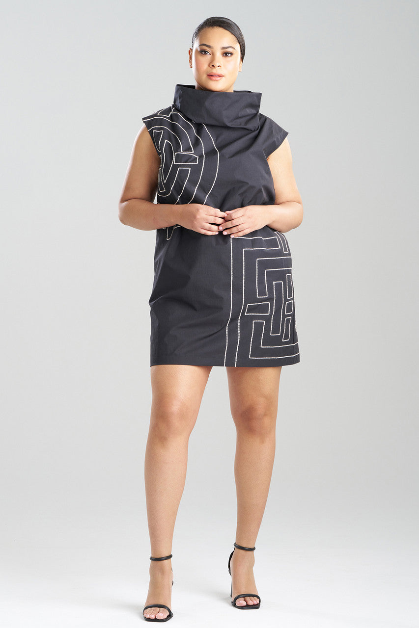 NATORI Buy Tech Cotton Taffeta Embroidered Funnel Shift Dress in Black Online