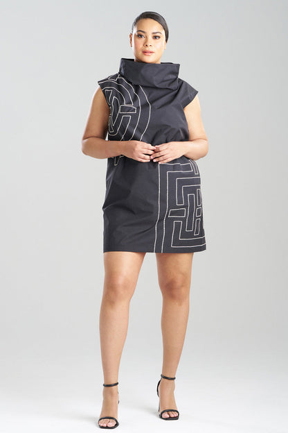 NATORI Buy Tech Cotton Taffeta Embroidered Funnel Shift Dress in Black Online