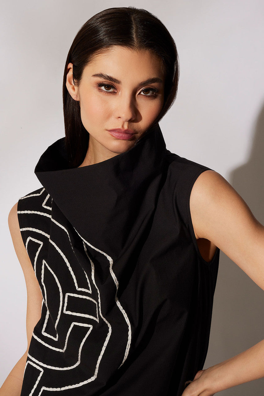 NATORI Buy Tech Cotton Taffeta Embroidered Funnel Shift Dress in Black Online
