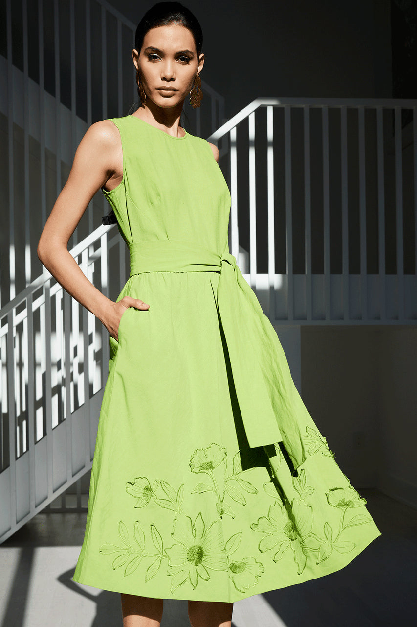 NATORI Buy Linen Embroidered Fit & Flare Dress in Pear Online