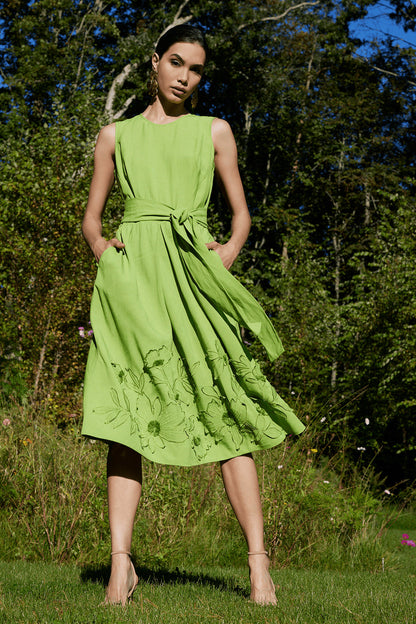 NATORI Buy Linen Embroidered Fit & Flare Dress in Pear Online