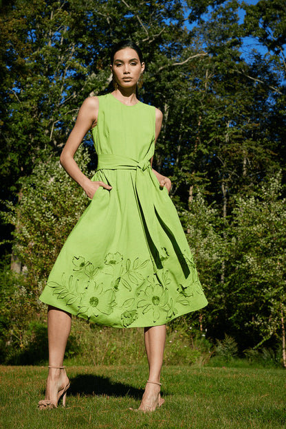 NATORI Buy Linen Embroidered Fit & Flare Dress in Pear Online