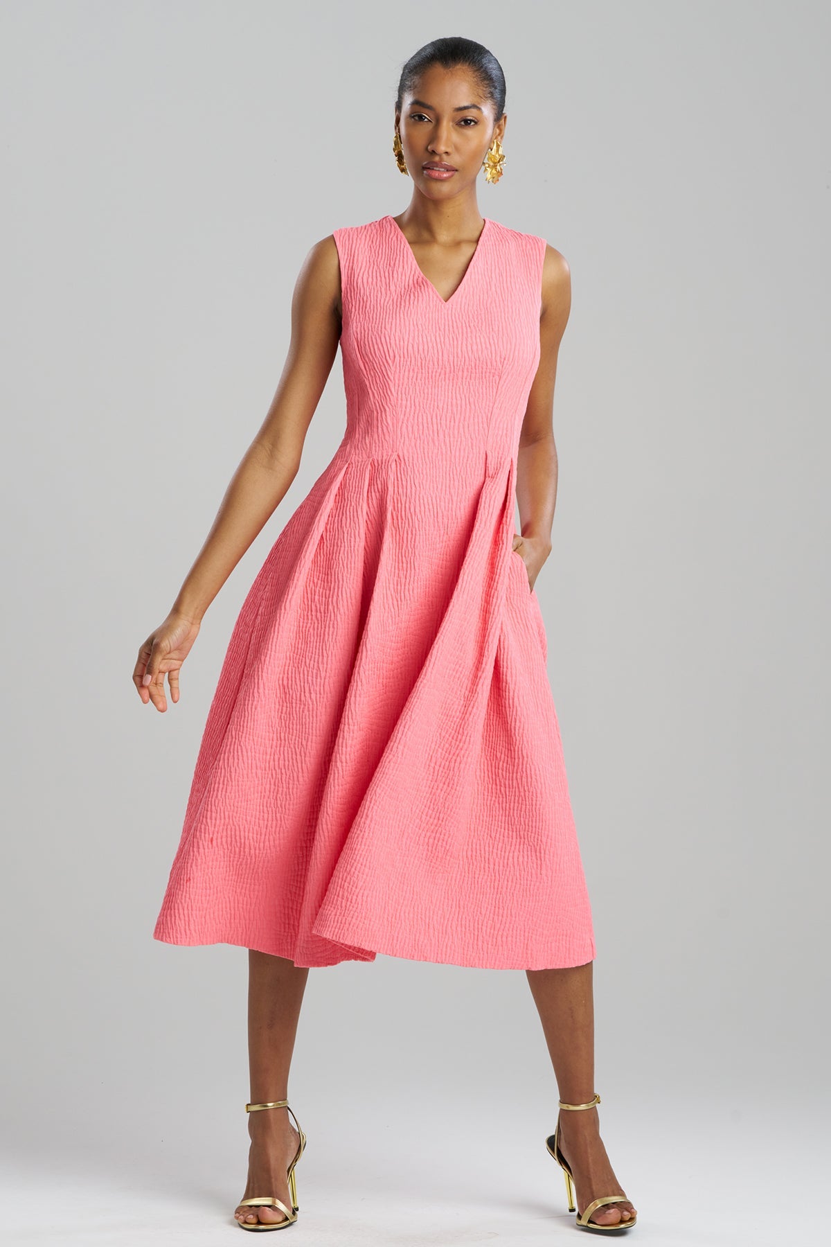 NATORI Textured Cotton Jacquard Sleeveless Pleated Dress