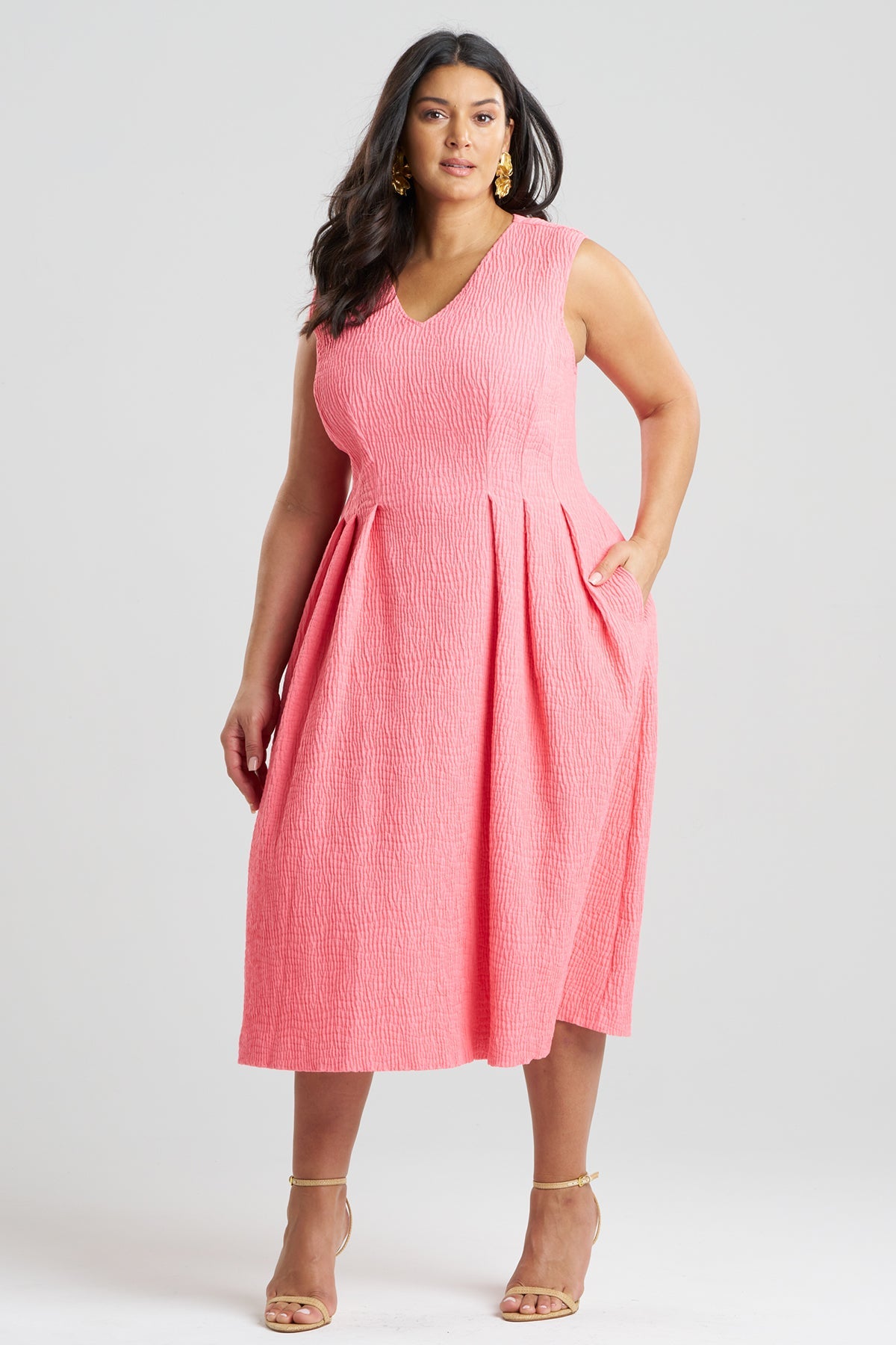 NATORI Textured Cotton Jacquard Sleeveless Pleated Dress