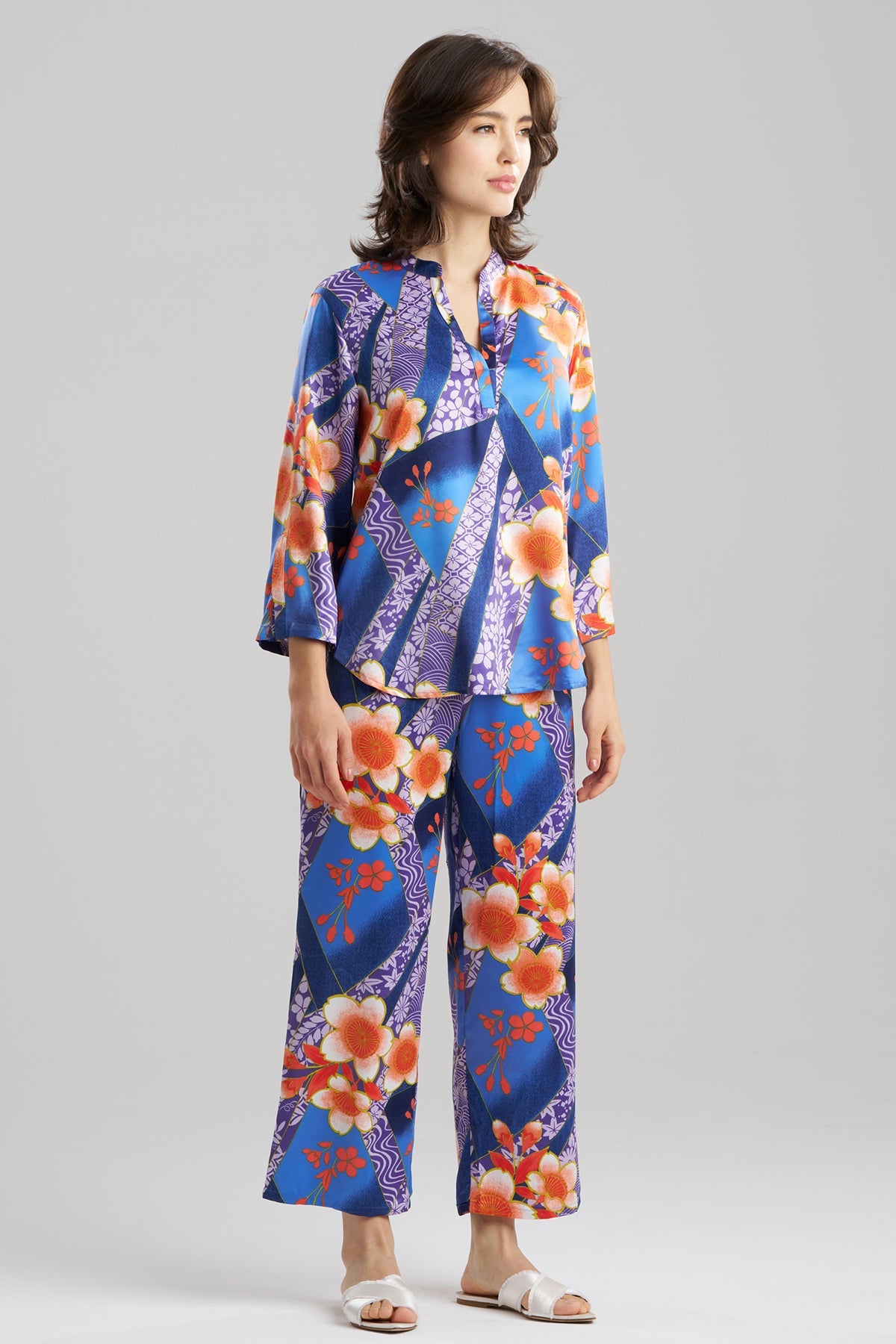 NATORI Magnolia Printed Satin Mandarin PJ Set