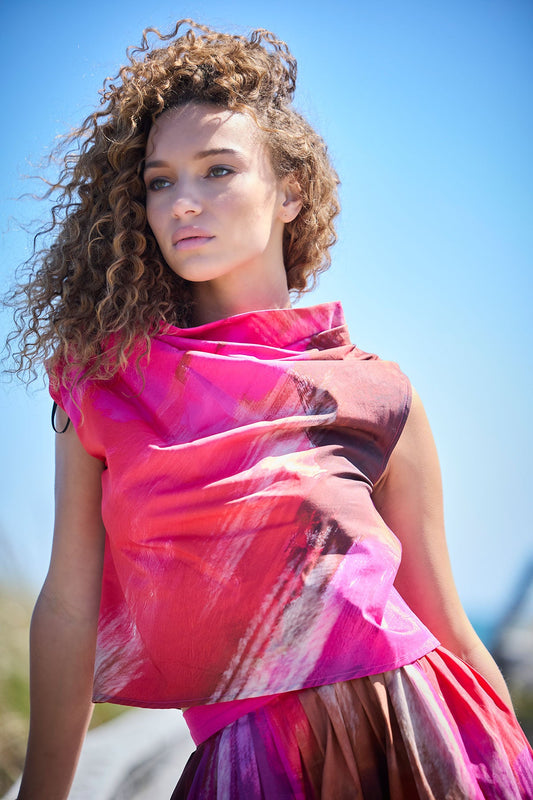 NATORI Brushstroke Cotton Taffeta Asymmetric Funnel Neck Top
