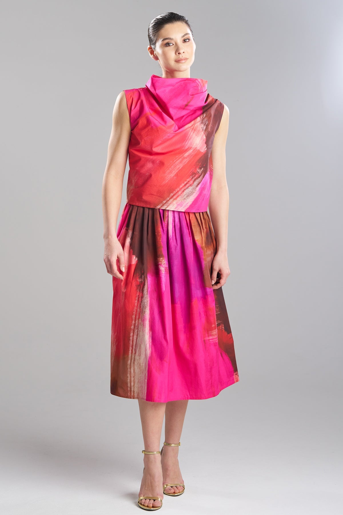 NATORI Brushstroke Cotton Taffeta Asymmetric Funnel Neck Top