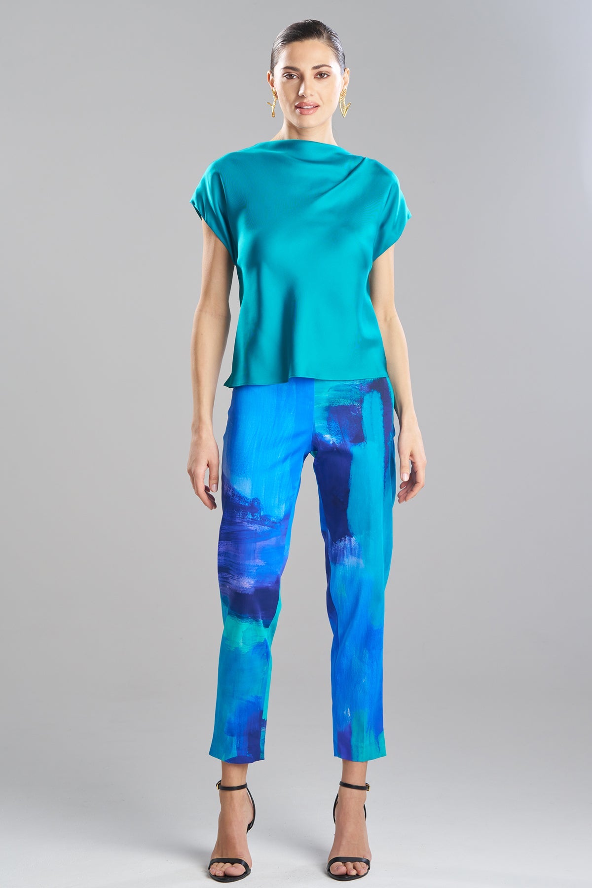 NATORI Solid Silk Twill Drape Neck Cap Sleeve Top