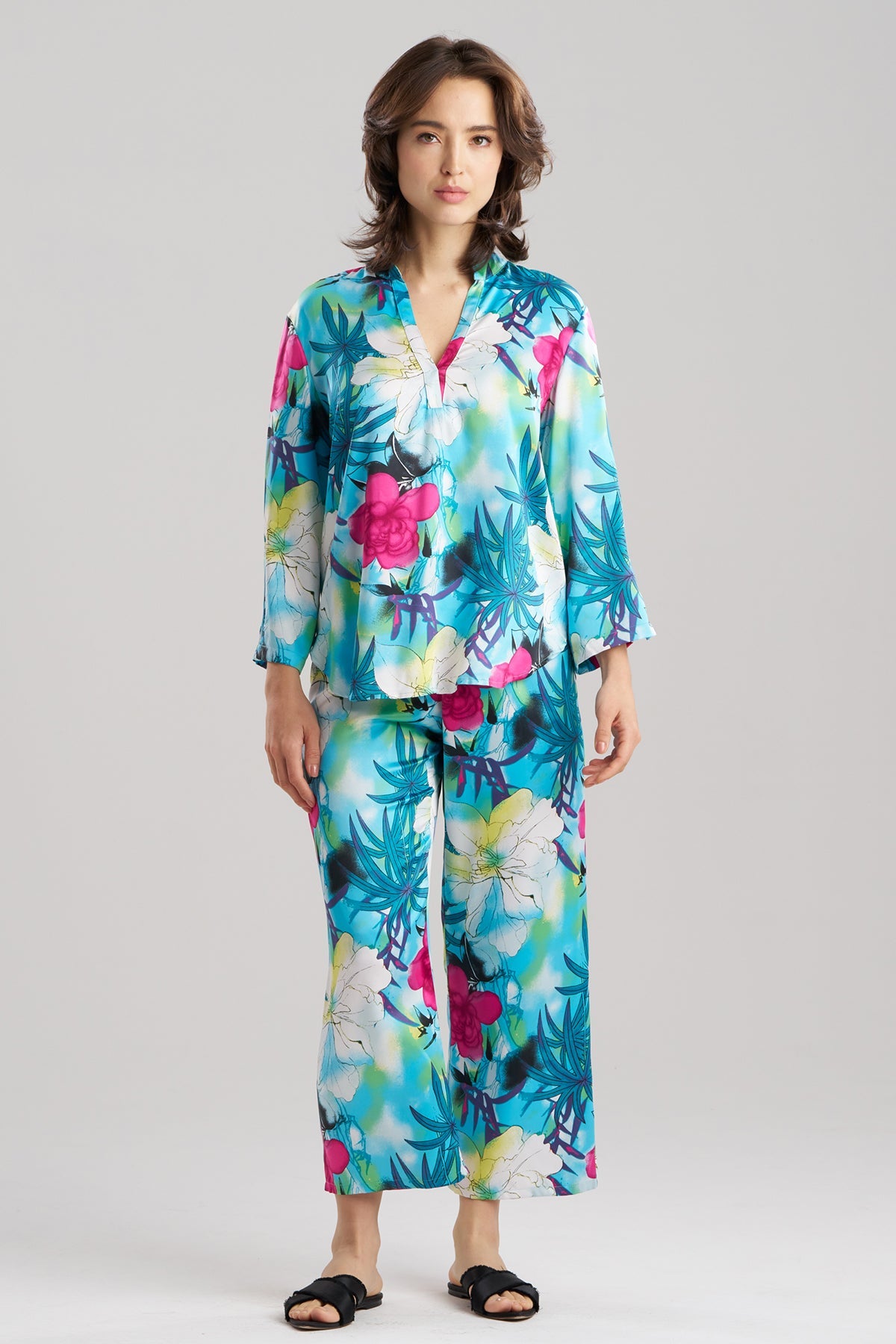 NATORI Viva Printed Satin Mandarin PJ Set