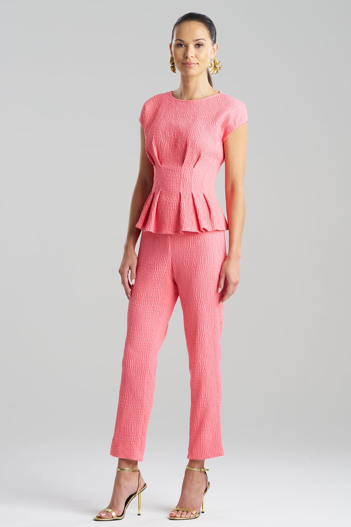 NATORI Textured Cotton Jacquard Cap Sleeve Peplum Top