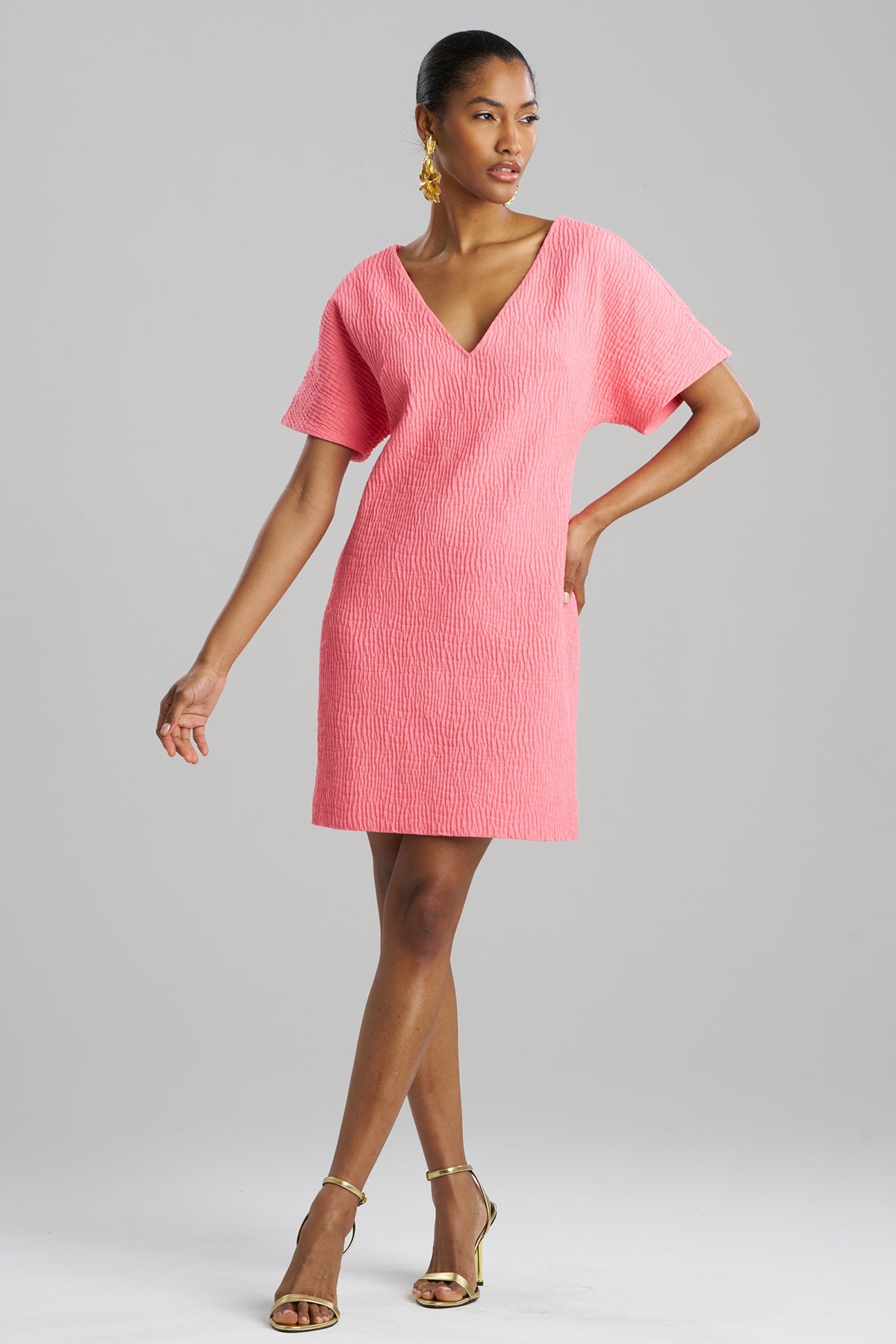 NATORI Textured Cotton Jacquard Short Sleeve Sheath Dress