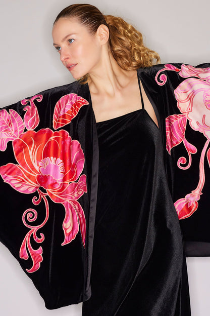 NATORI Natalie Velvet Appliqued Cocoon Cardigan