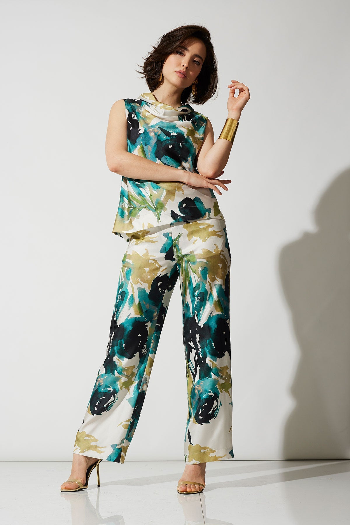 NATORI Mira Silk Twill Belted Funnel Neck Top