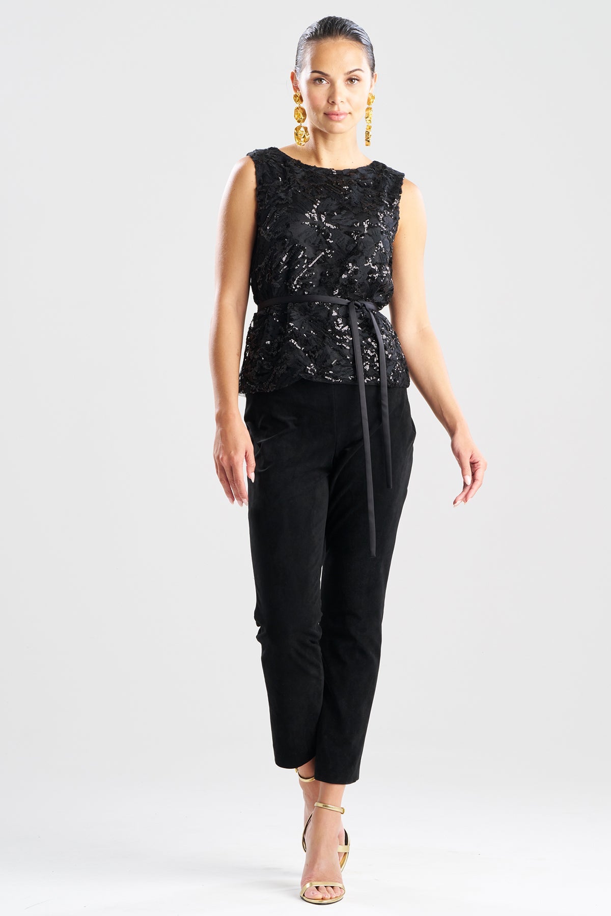 NATORI Floral Sequin Lace Belted Sleeveless Top