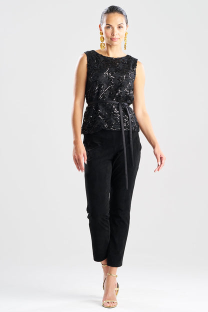 NATORI Floral Sequin Lace Belted Sleeveless Top