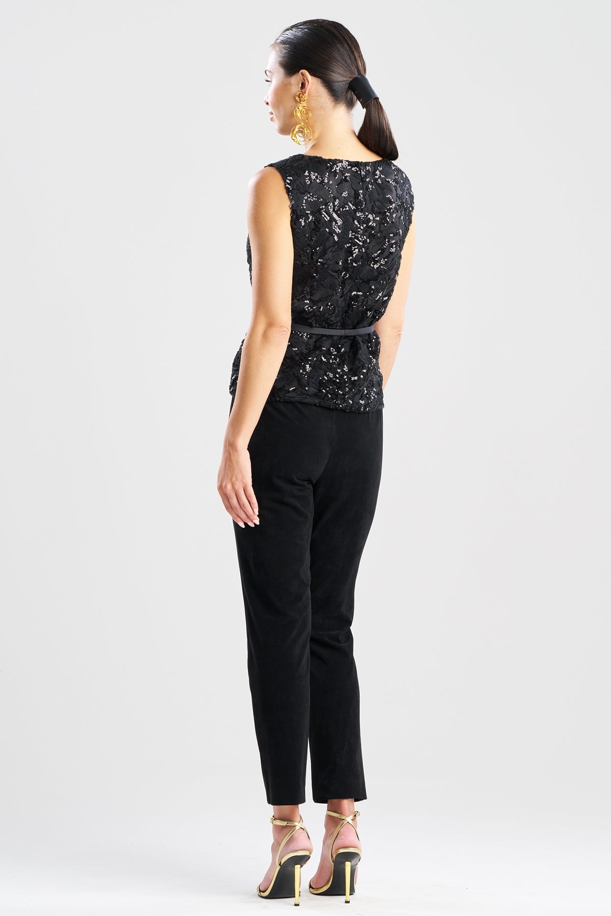 NATORI Floral Sequin Lace Belted Sleeveless Top