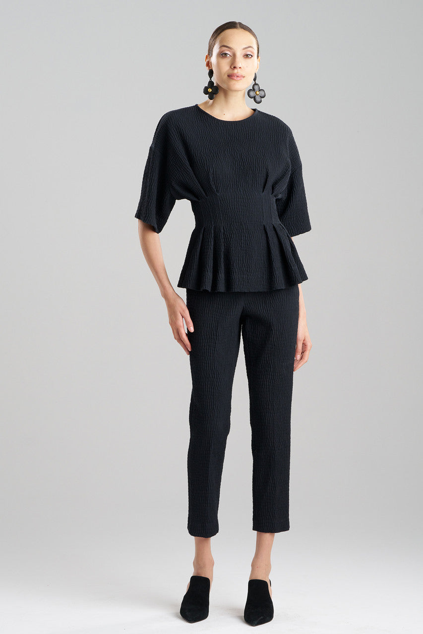 NATORI Buy Textured Cotton Jacquard Pleated Peplum Top in Black Online