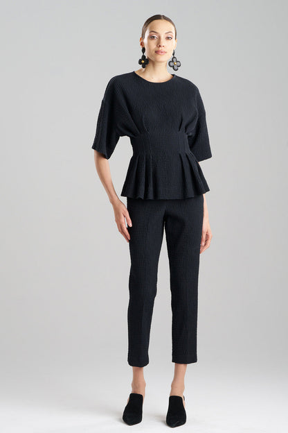 NATORI Buy Textured Cotton Jacquard Pleated Peplum Top in Black Online