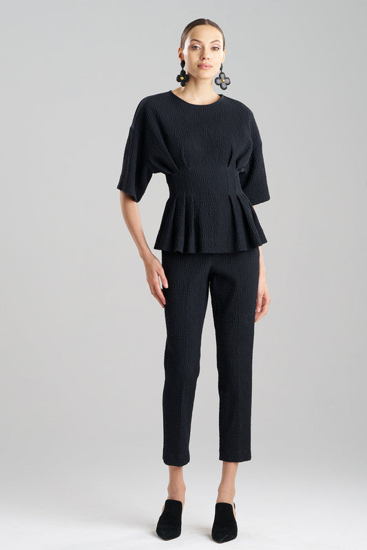 NATORI Buy Textured Cotton Jacquard Pleated Peplum Top in Black Online