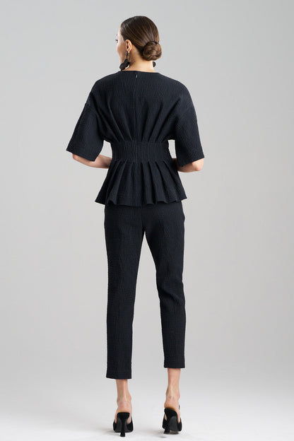 NATORI Buy Textured Cotton Jacquard Pleated Peplum Top in Black Online