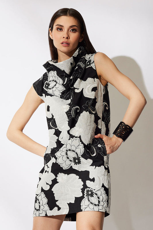 NATORI Buy Cressida Applique Funnel Shift Dress in Black Cream Online