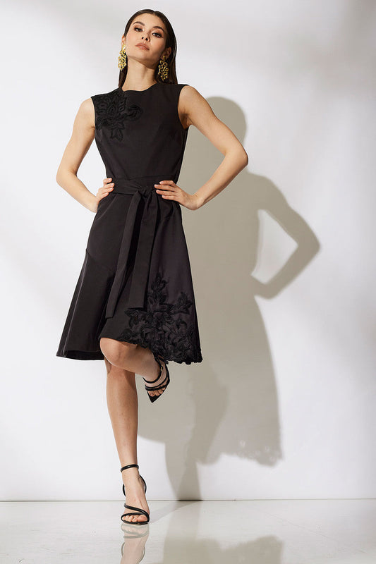 NATORI Buy Cotton Chino Fit & Flare Embroidered Dress in Black Online