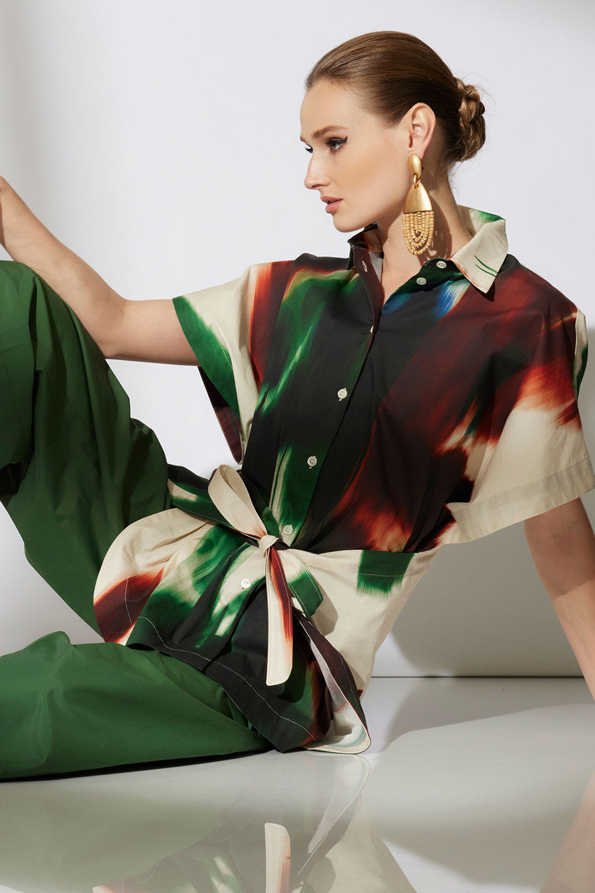 NATORI Buy Amalfi Printed Cotton Poplin Kimono Wrap Shirt in Neutral Green Online