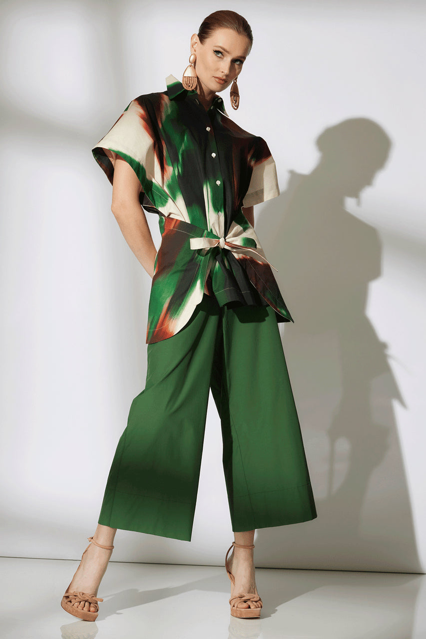 NATORI Buy Amalfi Printed Cotton Poplin Kimono Wrap Shirt in Neutral Green Online