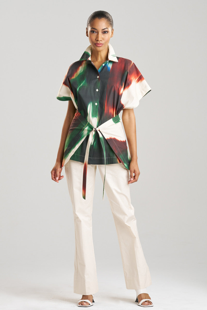 NATORI Buy Amalfi Printed Cotton Poplin Kimono Wrap Shirt in Neutral Green Online